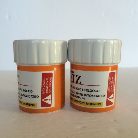 Prescription Pill Bottle Shaped Shot Glass X 2 Orange Ceramic Big Mouth Toys - Picture 2 of 11